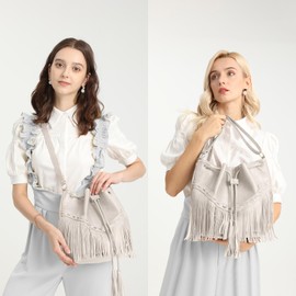 Gladdon Women's Crossbody Bag, Bucket Bags for Women with Drawstring, Ladies Tassel Hobo Handbag and Shoulder Bags, White