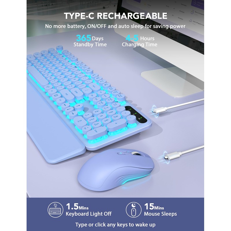 Wireless Keyboard and Mouse Backlit - Typewriter Keyboard with Retro