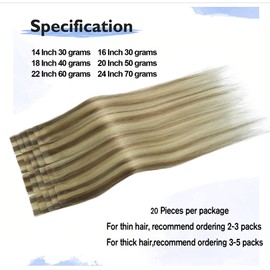 Tape in Hair Extensions Ash Blonde Mixed Bleach Blonde 100% Remy Human Hair Extensions Silky Straight for Fashion Women 20 Pcs/Package(14Inch #18p613 30g)