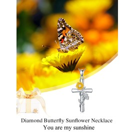 ZBA Natural Diamond Butterfly Sunflower Cross Necklace for Women 14K White Gold Plated Sterling Silver Cross Pendant Necklace Birthday Christmas Gifts for Her Mom Wife Girlfriend(Color F-G/Clarity I1-I2)