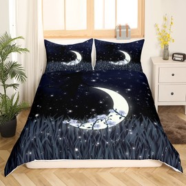 Castle Fairy Moon Duvet Cover Twin Size Starry Sky Theme Bedding Set Fashion Romantic Plant Flower Galaxy Print Comforter Cover for Kids Teen Boy Girl Bedroom Decoration