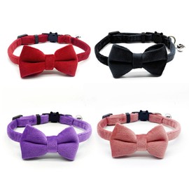 4 Pcs Safety Cat Bow Tie Collar,Velvet Cat Collar with Bell and Bowtie Breakaway Pet Leashes Cute Kitten Bow Collars for Kittens & Puppies Pet Party