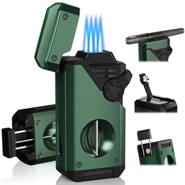 5-in-1 Torch Lighter, 4 Jet Windproof Flame with Built-in Cutter, Holder, Punch, Draw Enhancer Tool, Refillable Butane Torch Lighters, Multi-Functional Accessories, Gifts for Men, Lighters for Candle