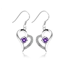 Women Girls Heart Shape Rhinestone 925 Sterling Silver Hoop Earrings Studs Eardrop Purple