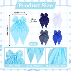 TIESOME 5Pcs Silky Satin Hair Bows for Women, Large Ribbon Bows Hair Clips Long Tail Hair Ribbon Accessories Coquette Hair Barrettes(Blue)