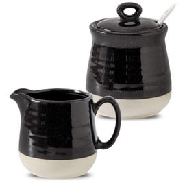 Tikooere Ceramic Sugar and Creamer Container Set of 3,10 Ounce Cream Pitcher,11 Ounce Sugar Bowl with Lid and Spoon,Farmhouse Coffee Bar Accessories Set for Serving,Microwave & Dishwasher Safe,Black