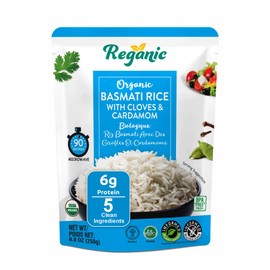 Reganic Organic Basmati Rice with Cloves & Cardamom, USDA Organic, 6g Protein, Aromatic & Fluffy, 100% Recyclable Microwave Pouch Ready in 1.5 Minutes, Gluten-Free Non-GMO, 8.8 oz, Pack of 6