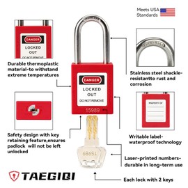 TAEGIQI Lockout Tagout Kit -Steel and Nylon Loto Hasps,Lockout Tagout Tags,Nylon Ties,Nylon Storage Bag,Red Safety Padlock,OSHA Compliant Lock Out Tag Out Locks (Red Kit)