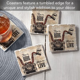 Thirstystone Live to Ride 4-Pack Tumbled Tile Stone Coasters with Protective Cork Backing 4" Square Manufactured in The USA