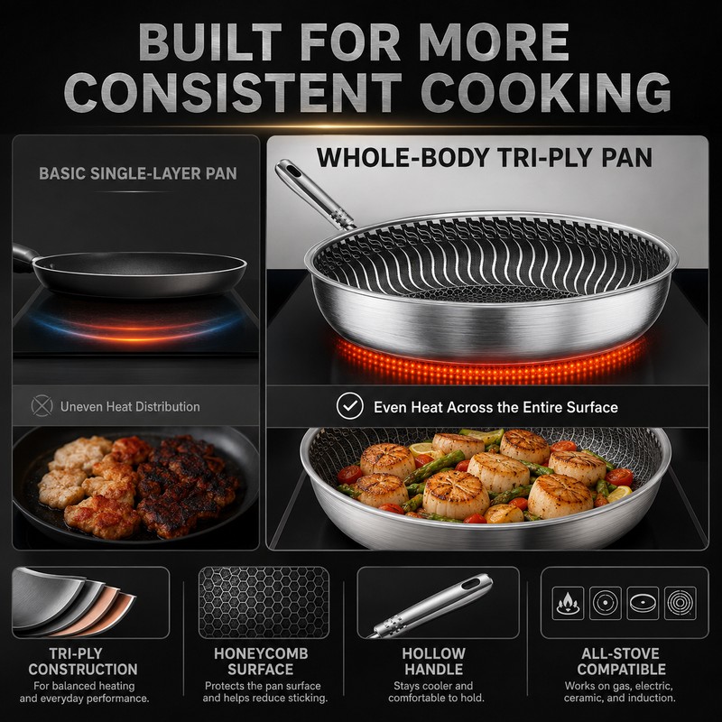 316 Stainless Steel Honeycomb Wok Pan, Tri-Ply Skillet