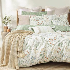 ALEISSEL Natural Cotton 3pcs Botanical Comforter Sets King Size-Green Comforter with Red & Blue Flowers,Gray Leaves on Off-White, Reversible Lightweight Bedding Sets(King 104"×90")