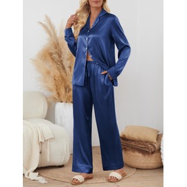 LILLUSORY Satin Silk Pajama Set for Women Fall 2 Piece Button Up Side Slit Matching Pjs Cute Long Sleeve Lounge Shirts Pants Navy S