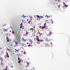 FYSUIMU Spring Wrapping Paper -Mini Roll- 17In x 32.8Ft Watercolor Purple Butterfly Gift Wrap Paper Lavender Craft Paper for Birthday Party Packing Supplies
