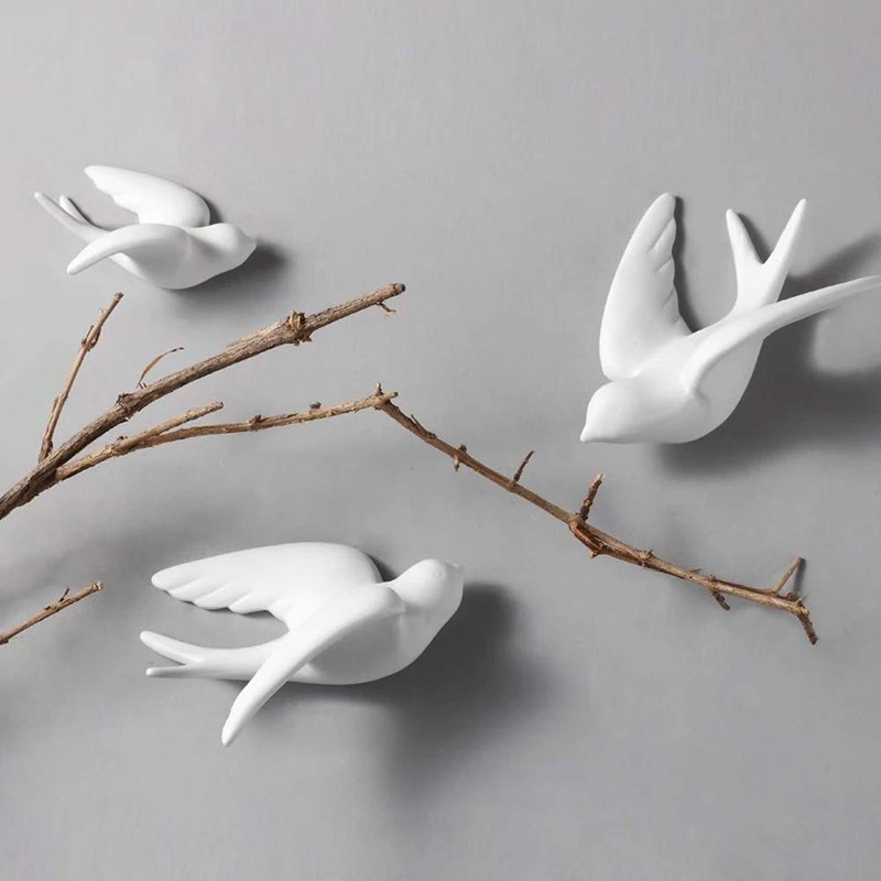 Dorlotou Pair Ceramic Sparrows Swallows Birds Dove White Wall Mounted