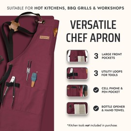 Asaya Chef, BBQ and Work Apron with Bottle Opener and Hand Towel - Durable 10oz Cotton Canvas, Brass Hardware and Cross Back Straps - For Men, Women, Grilling, and Cooking (Red)