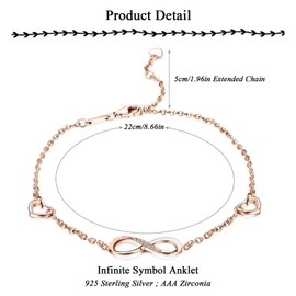 JYTDBCS Sterling Silver Infinity Anklet for Women Girls Anklet with Infinity Symbol Zirconia Endless Love Charm Anklet Bracelet Adjustable Jewelry Gift,Women's Anklets