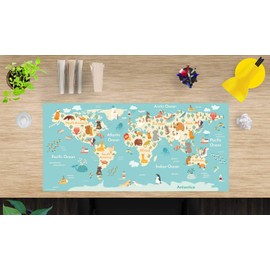Children's Desk Mat - "World Map" - Made of Premium Durable Vinyl (Plastic) - 84 x 40 cm - Non-Slip Desk Mat for Best Protection - Made in Germany