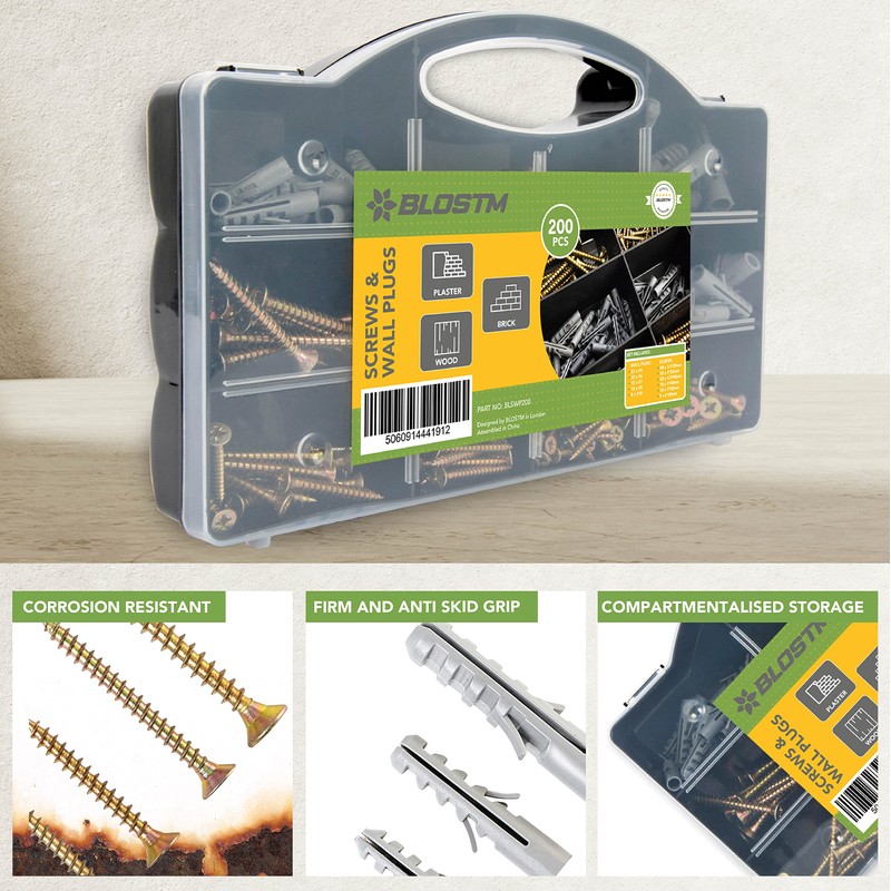 BLOSTM Screws and Wall Plugs Set 200 PCS - Heavy