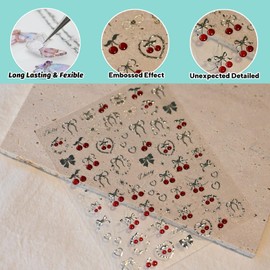 CESTSIREN Cherry Bow Nail Art Stickers, Embossed Fruit Nail Decals, Self-Adhesive, Summer Spring Accessories for Women, Nail Decorations