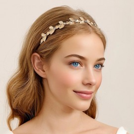 fdsmall Gold Rhinestone Pearl Leaf Headband for Women Elegant Metal Bridal Wedding Hair Hoop Headpiece Vintage Boho Hair Accessories (Rhinestone, One Size)