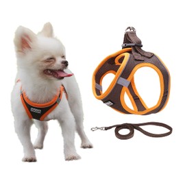 JdotMIN No Pull Dog Harness and Leash Set, for Extra Small to Small Breed, Lightweight Breathable Reflective Strips, Kitten Puppy Harness, Easy Control, Step in Pet Vest Jacket (Brown, M)