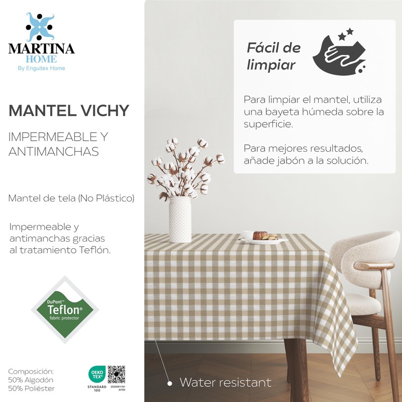 Martina Home TEFLONATED TABLECLOTH MADE Vichy Taupe 250X140 CM