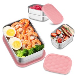 HaWare Stainless Steel Lunch Box for Kids, Leak Proof Food Storage Containers with Silicone Lids, Reusable Easy-Opened Lunch Containers, Portable Metal Snack Box, Dishwasher Safe (8oz*2+25oz)
