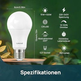 Linkind Linkind 3er-Pack 13W Dimmbar E27 LED Lampe, ersetzt 100 Watt, 2700 Kelvin Warmwei? 1521Lm E27 A60 Edison Birne mit 220 Abstrahlwinkel, Dimmbar E27 LED Leuchtmittel