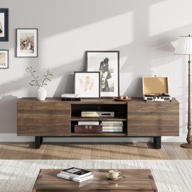 Walnut 70" TV Stand for 65-80 Inch TVs, Mid Century Modern Entertainment Center with Storage Cabinet, 2 Drawers & Open Shelves, Wooden Media Console for Living Room or Bedroom