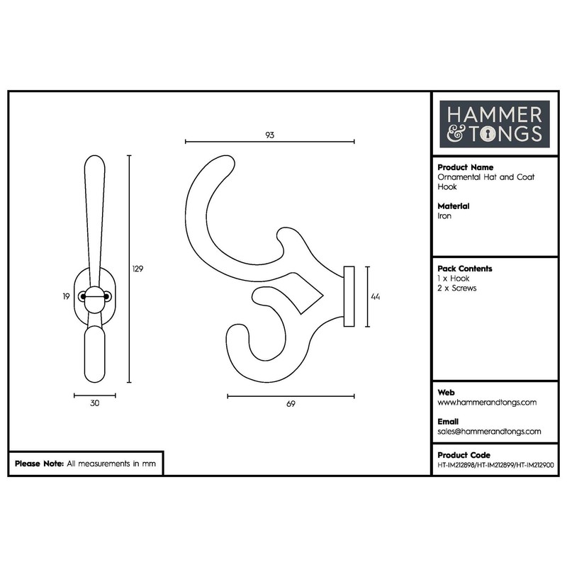 Hammer and Tongs - Ornamental Hat & Coat Hook -