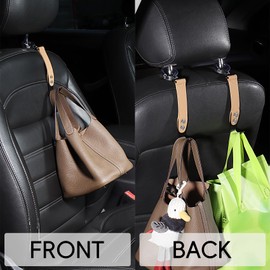 Compuda Purse Hook Holder for Car - 2 Pack Genuine Leather Car Back Seat Handbag Hidden Hanger Headrest Hooks for Purses and Bags (Brown)