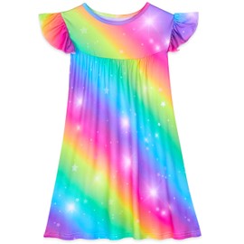 MHJY Girls Nightdress Pyjamas Dress Girls' Nighties Princess Sleepwear,Flutter Short Sleeves Nightgowns Sleeping Wear for 3-5-8-10 Years Kids Rainbow