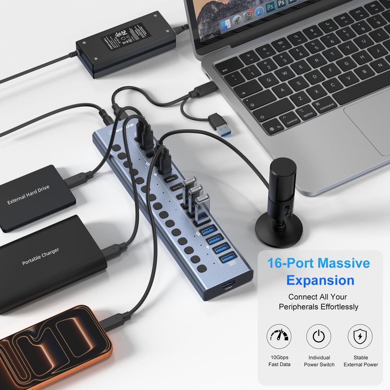 WEEAEEW Powered USB 3.2 Hub, 16 Ports Powered USB Hub