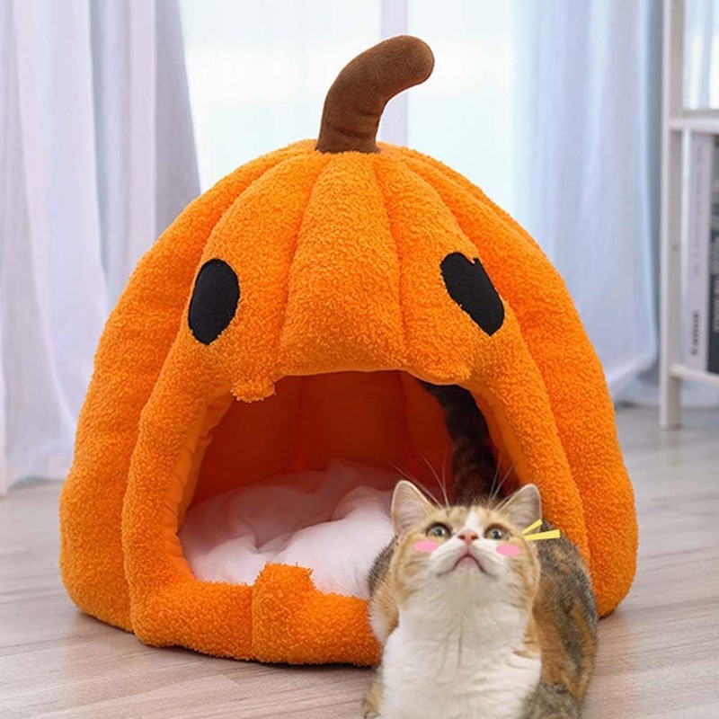 Cute Pumpkin Cat Bed for Indoor Cats, Halloween Pumpkin Cat