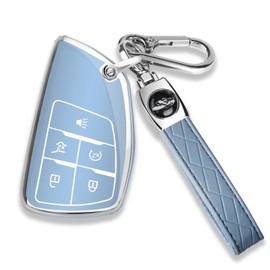 QBUC for Chevy Key Fob Cover with Keychain Soft TPU Protection Case Compatible with 2021-2026 Chevy Equinox Blazer Tahoe Suburban GMC Yukon Denali Silverado 5-Buttons(Chrome Trim Blue)