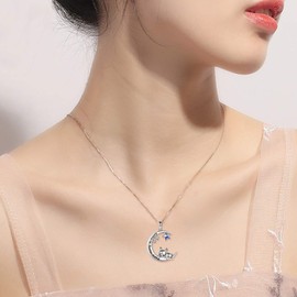 Women’s Moon Pendant Necklace, Girls’ Jewellery, 925 Sterling Silver Moon Necklace, Stars, Moon And Dog - Longing For A Better Life, Silver