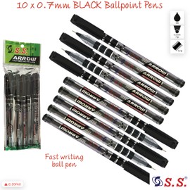 10 x 0.7mm Tip S.S. Arrow BLACK Fast Writing Ballpoint Smooth Pens Comfort Grip