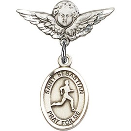 Sterling Silver Baby Badge with St. Sebastian/Track & Field Charm and Angel w/Wings Badge Pin 7/8 X 3/4 inches