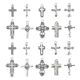 Stiesy 100pcs 10 Styles Crucifix Cross Charms Tibetan Silver Antique Dangle Charms for Jewelry Making DIY Crafts Gift