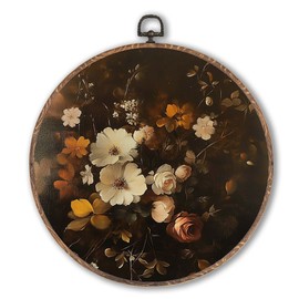Lengues Vintage Fall Floral Round Wall Art Decor, Dark Floral Autumn Round Wall Decor, Dark Botanical Canvas Framed Art Prints, Thanksgiving Moody Flower Hanging Frame for Room Bedroom 10x10 Inch