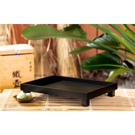 Large Black Rectangular Wooden Tray 35 x 25 cm with 4 Feet High Rim Asian Design