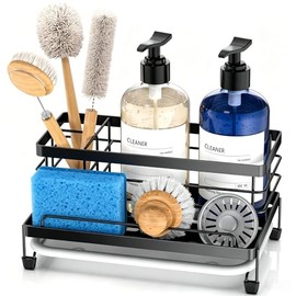 Cisily Sponge Holder for Kitchen, Sink Organizer, Kitchen Sink Accessories with Drip Tray, Rustproof and Non-Slip, Sponge Holder, Kitchen Utensils for New Home (Matte Black)
