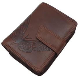 Small Genuine Cowhide Leather Women's Wallet / Purse / Purse in Portrait Format with Butterfly Motif or without Motif with RFID & NFC Protection, brown, Standard size, Modern