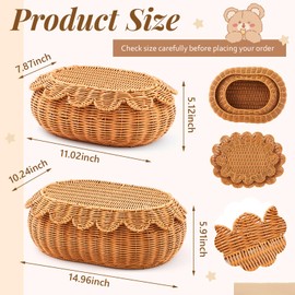 Juexica 2 Pcs Hand Woven Rattan Basket Scalloped Basket Wicker Storage Basket Decorative Basket with Lid for Organizing Food Bread Picnic Table Bathroom Decor, Dark Brown