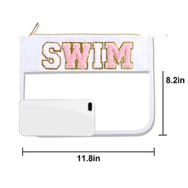 Swim Pouch Bag Clear Makeup Bags with Zipper Preppy Chenille Letter Patch Cosmetic Bag Beach Pool Zipper Pouch Summer Organizer Toiletry Bag for Women Girl Gifts