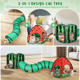 Tailtastic 3-in-1 Watermelon Cat Play Tunnel with Pop-Up Cube & Triangle Cat Tent, Interactive Toy Ball & Foldable Design - Easy Magic Tape Assembly Tunnels for Indoor Cats