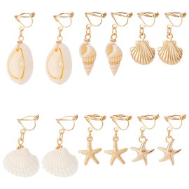 UNICRAFTALE 6 Pairs 6Styles 304 Stainless Steel Clip-on Earring Golden Ocean Dangle Ears Non-Pierced Earrings Summer Theme Ears Natural Shell Clip-on Earring for Women Gifts
