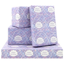 Apol Happy Birthday Wrapping Paper, Mermaid Scale with Pearl Necklace Design, 6 Sheets Mermaid Gift Wrapping Paper, For Girls Women Kids Birthday or Baby Shower