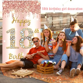 Oneroomone 18th Birthday Girl Decoration, 18th Birthday Girl, 18th Birthday Background Banner, Pink Gold Birthday Curtain for Girls, Birthday Party Welcome Sign