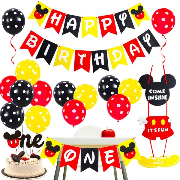Cartoon Mouse Themed 1st Birthday Party Supplies - Cartoon Mouse Party Decorations Welcome Sign Door Hanger Black Red Yellow for First Birthday